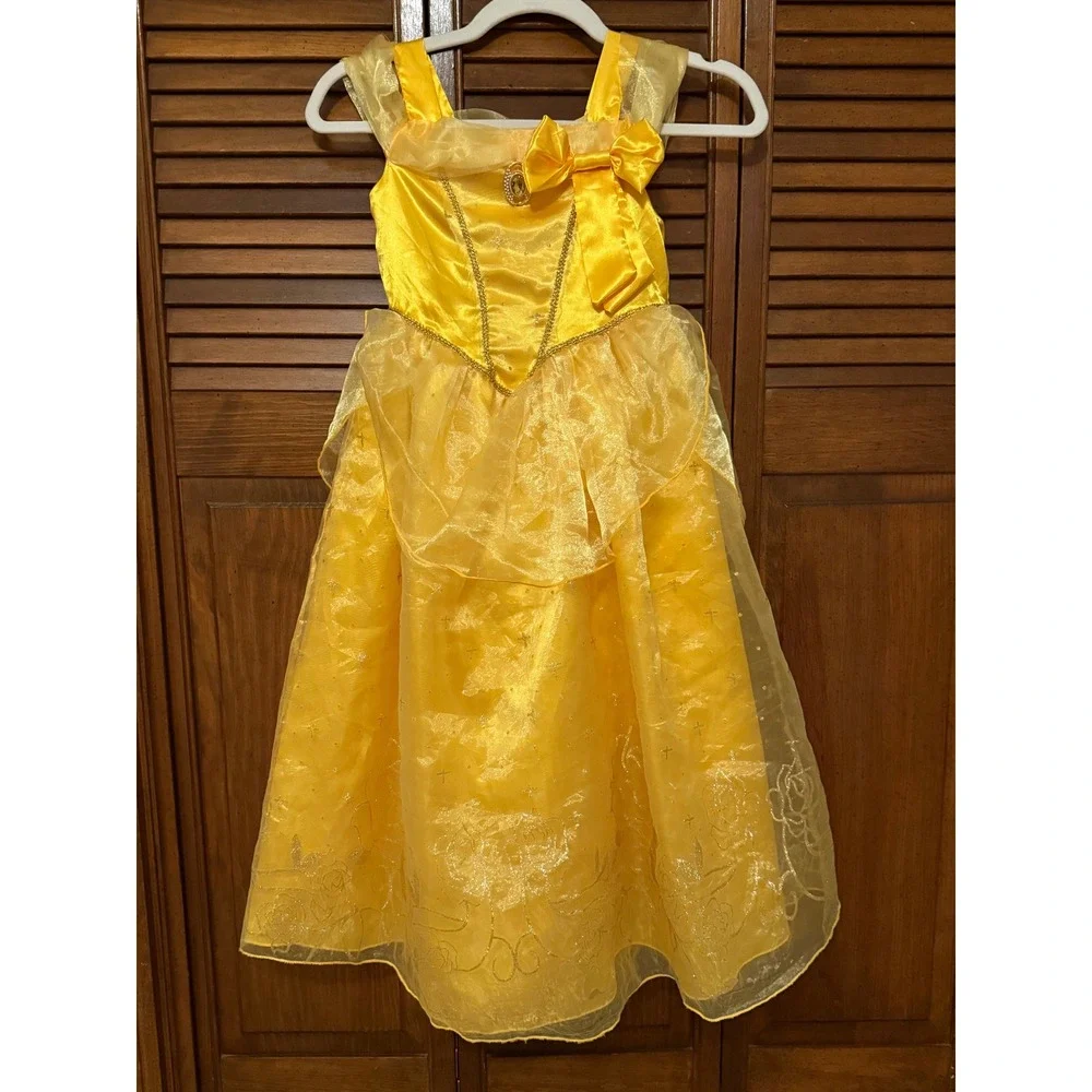 Yellow Belle Princess Costume Dress Kids Girls Gold Sequin Rose Detail Halloween